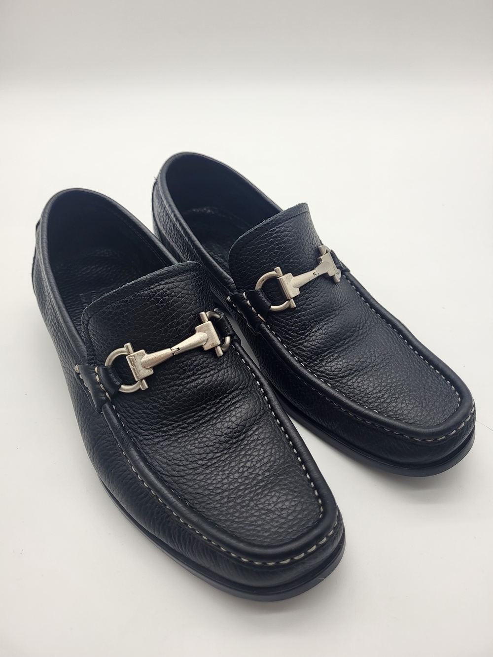 Salvatore Ferragamo Black Pebbled Leather Bit Slip-On Loafers